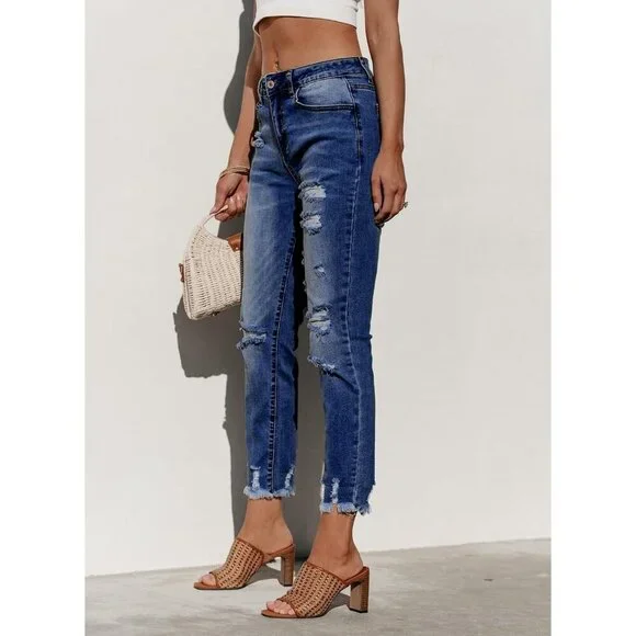 Women's Distressed Straight Leg Boyfriend Jeans Premium Denim Casual Wear - Picture 2 of 6